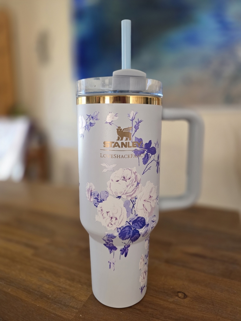 Stanley Light Blue Travel Mug with Purple Floral Design and Gold Accent, No Box.